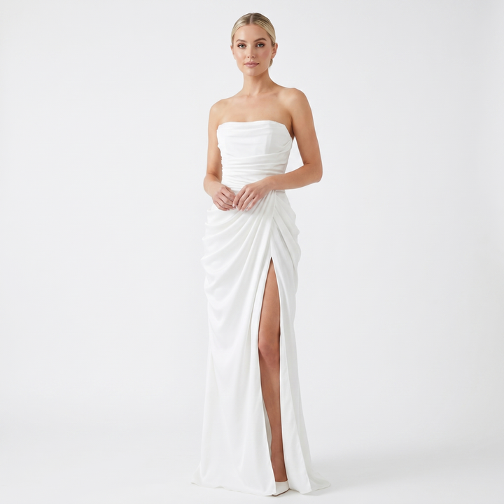 Strapless Maxi Dress - Ruched High Slit Draped
