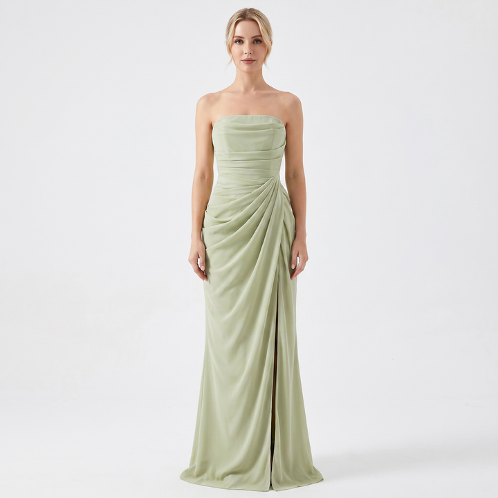 Strapless Maxi Dress - Ruched High Slit Draped