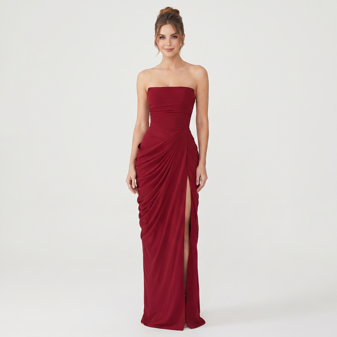 Strapless Maxi Dress - Ruched High Slit Draped