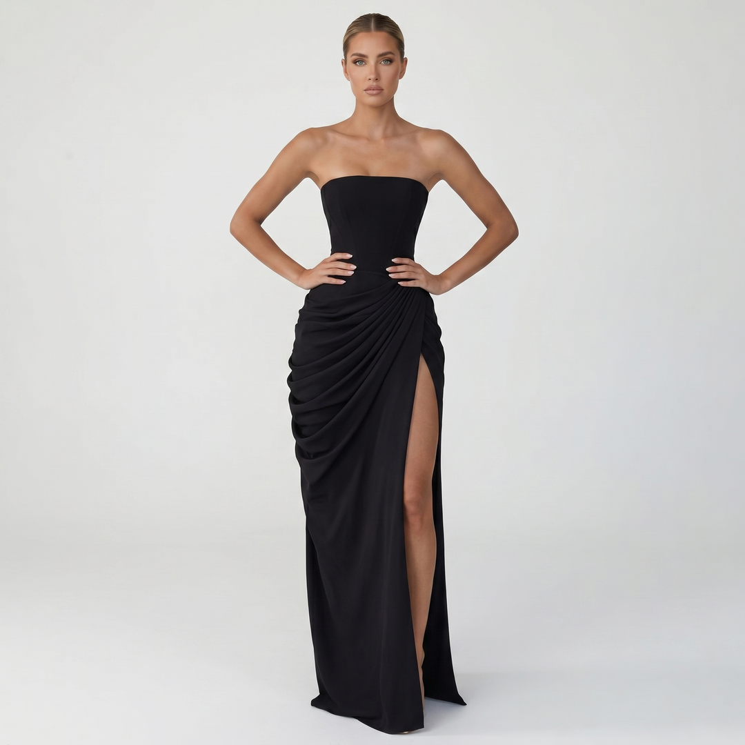 Strapless Maxi Dress - Ruched High Slit Draped