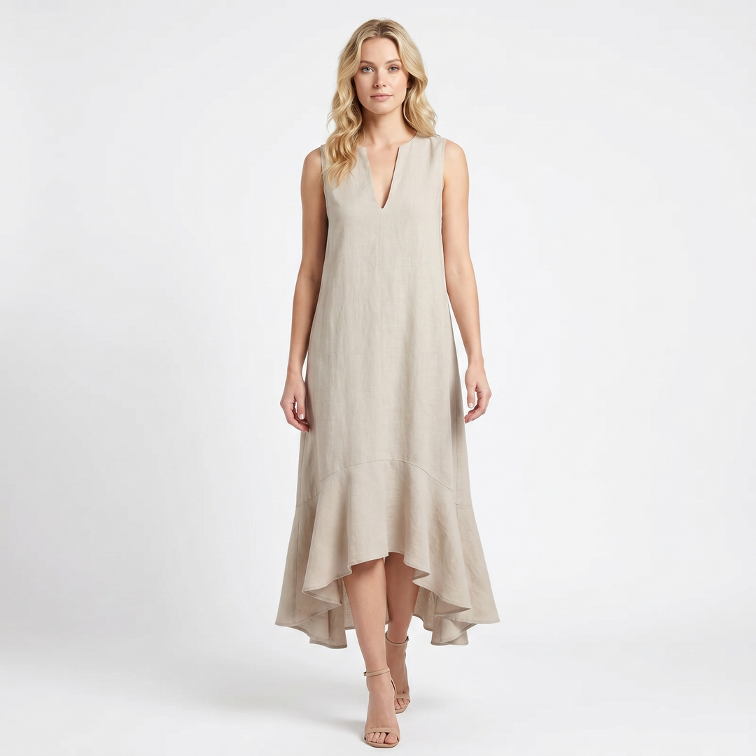Linen Maxi Dress - Sleeveless V Neck Ruffle Hem