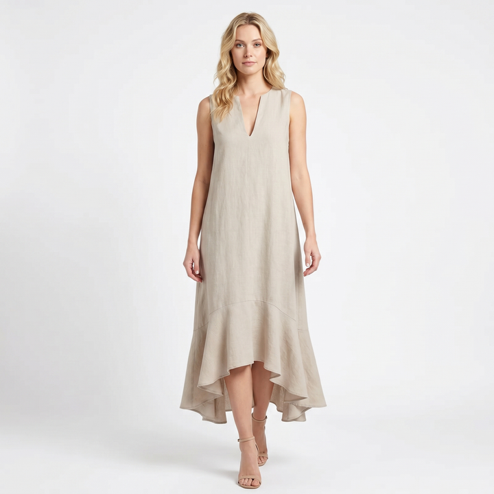Linen Maxi Dress - Sleeveless V Neck Ruffle Hem