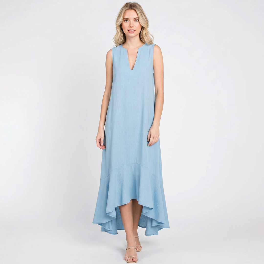 Linen Maxi Dress - Sleeveless V Neck Ruffle Hem