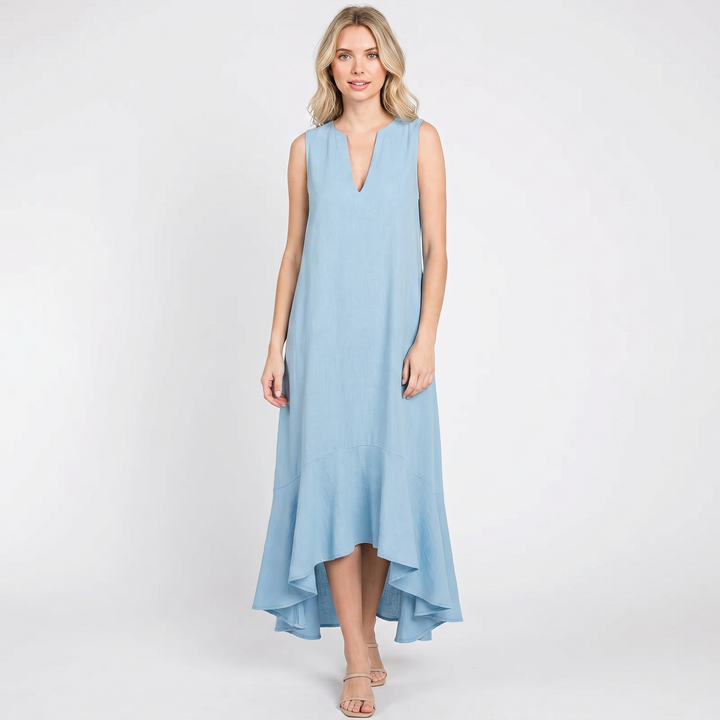 Linen Maxi Dress - Sleeveless V Neck Ruffle Hem