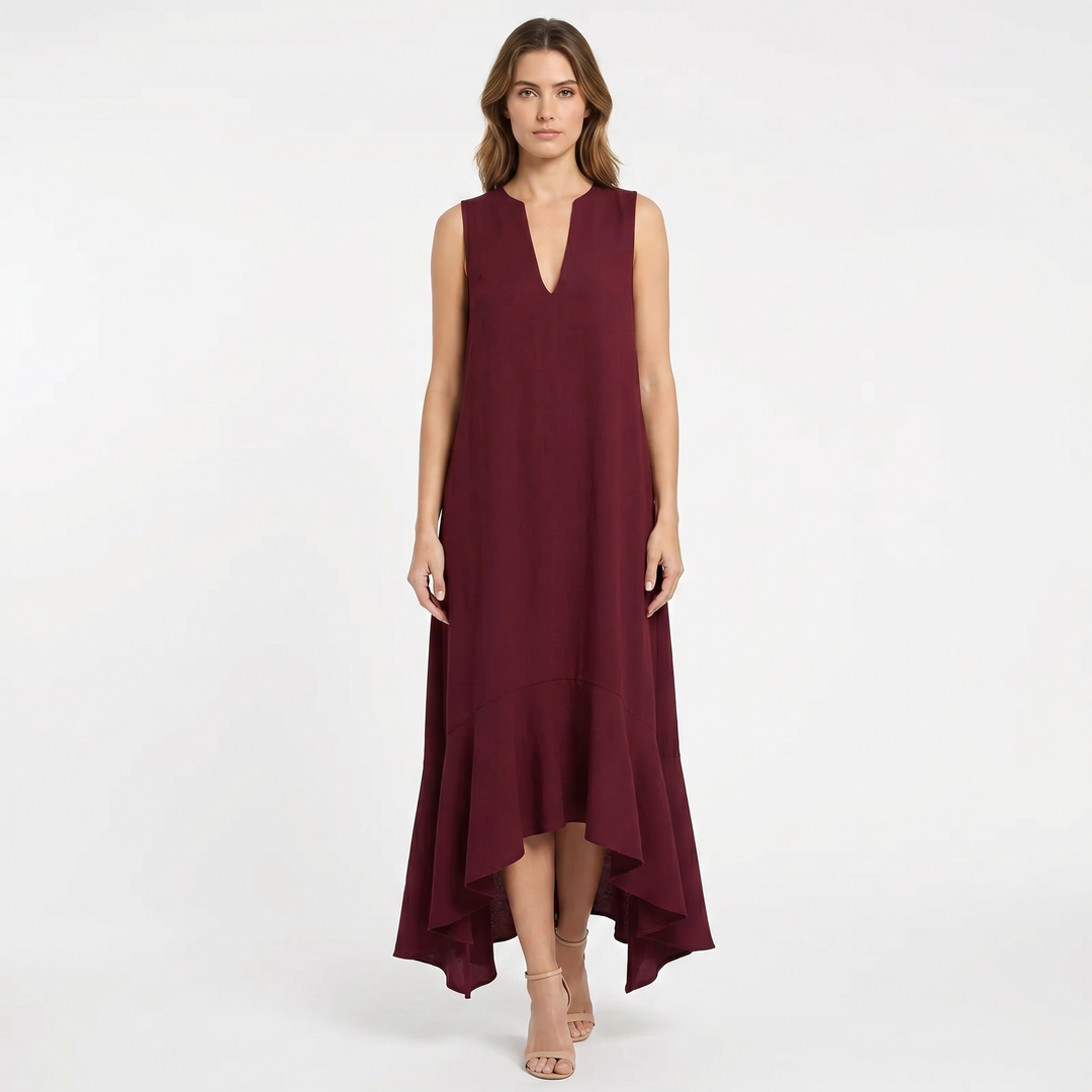 Linen Maxi Dress - Sleeveless V Neck Ruffle Hem