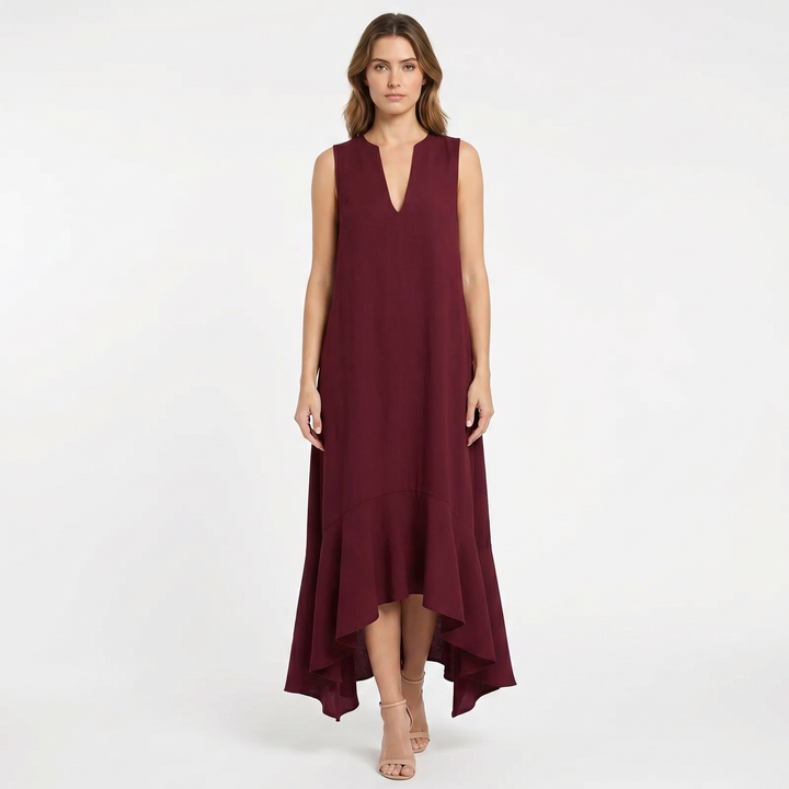 Linen Maxi Dress - Sleeveless V Neck Ruffle Hem