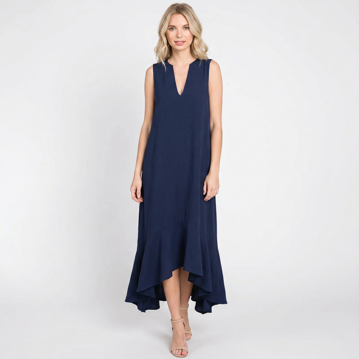 Linen Maxi Dress - Sleeveless V Neck Ruffle Hem