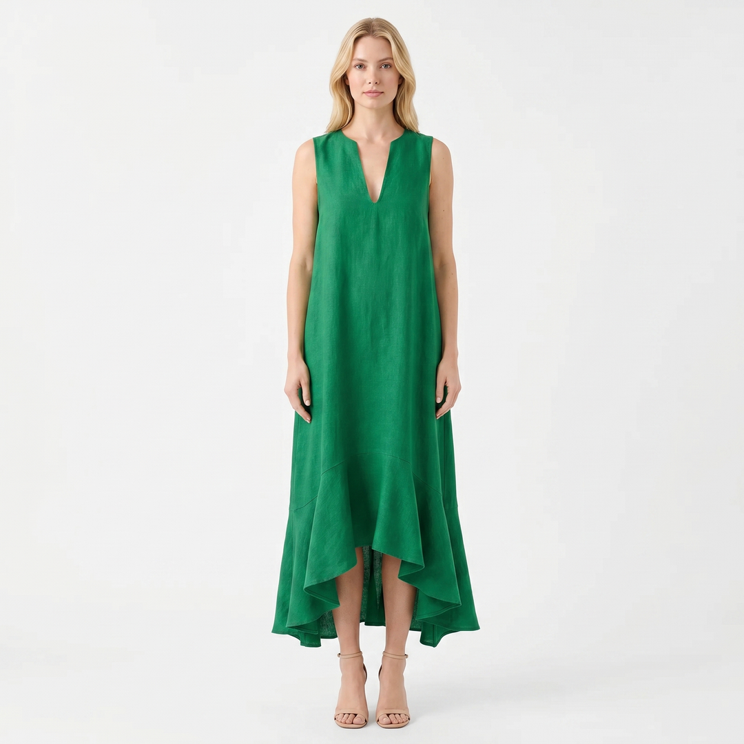 Linen Maxi Dress - Sleeveless V Neck Ruffle Hem