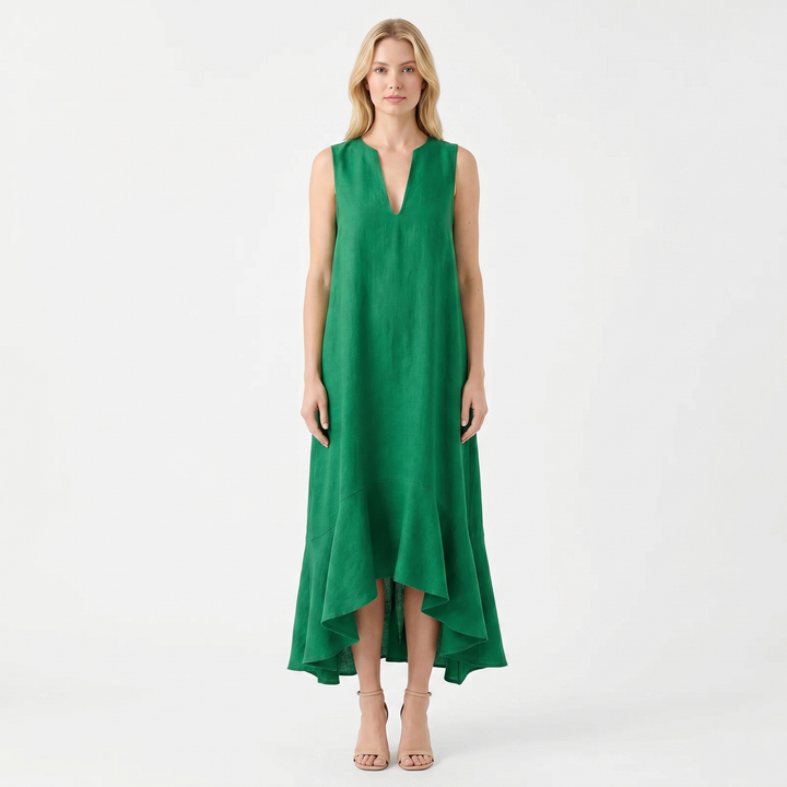Linen Maxi Dress - Sleeveless V Neck Ruffle Hem