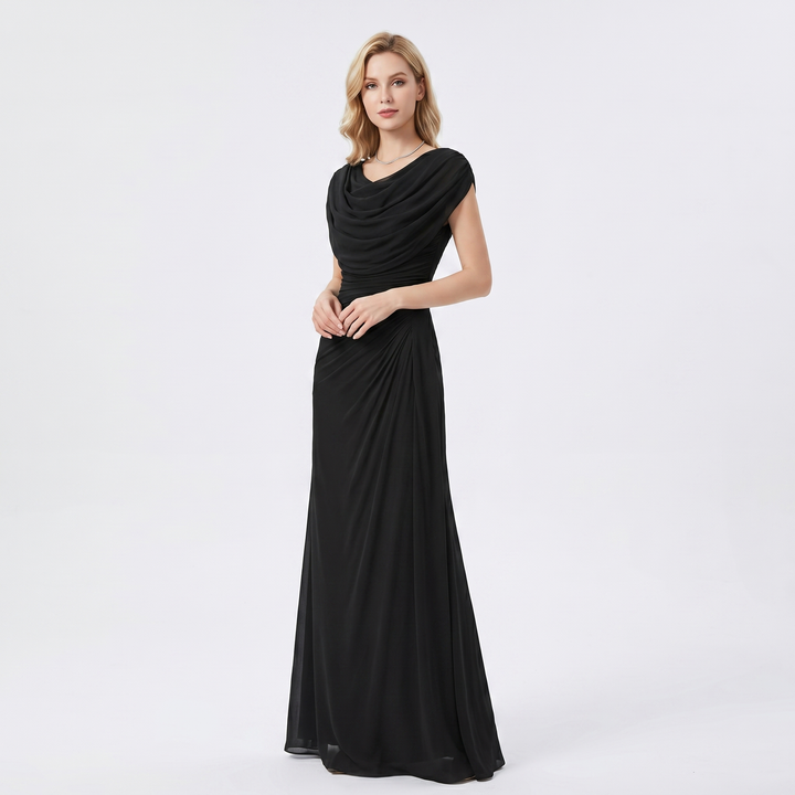 Cowl Neck Maxi Dress - Ruched Cap Sleeve Draped