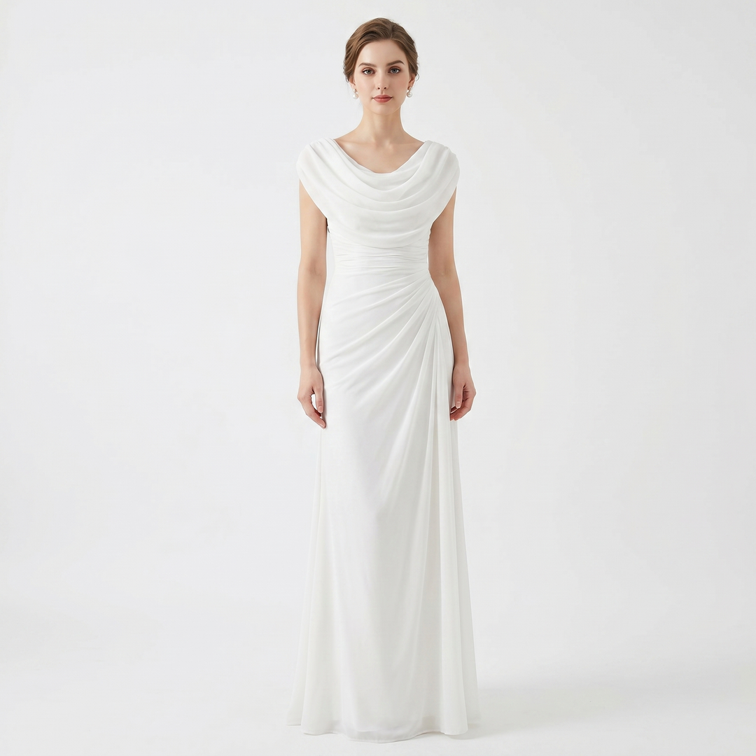 Cowl Neck Maxi Dress - Ruched Cap Sleeve Draped