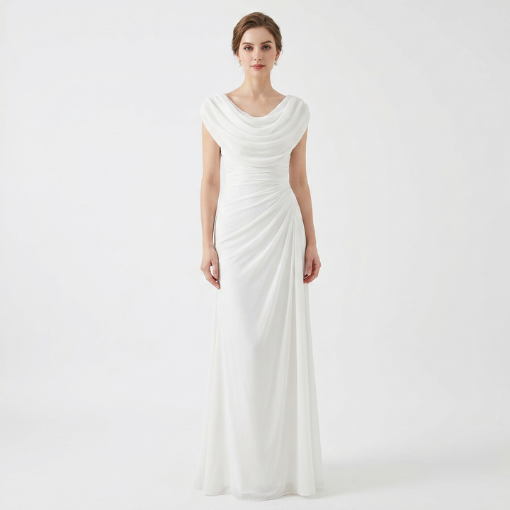 Cowl Neck Maxi Dress - Ruched Cap Sleeve Draped