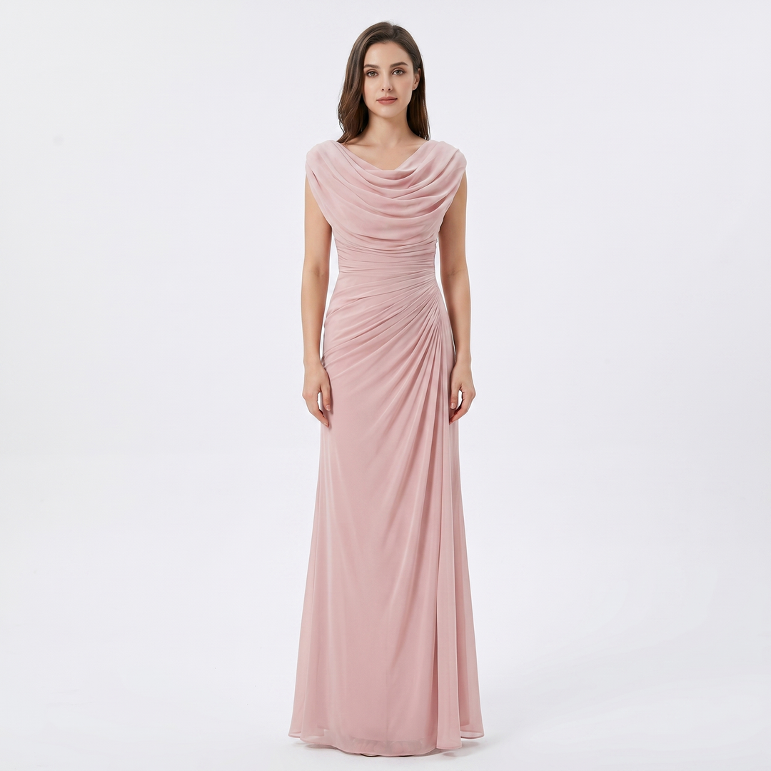 Cowl Neck Maxi Dress - Ruched Cap Sleeve Draped