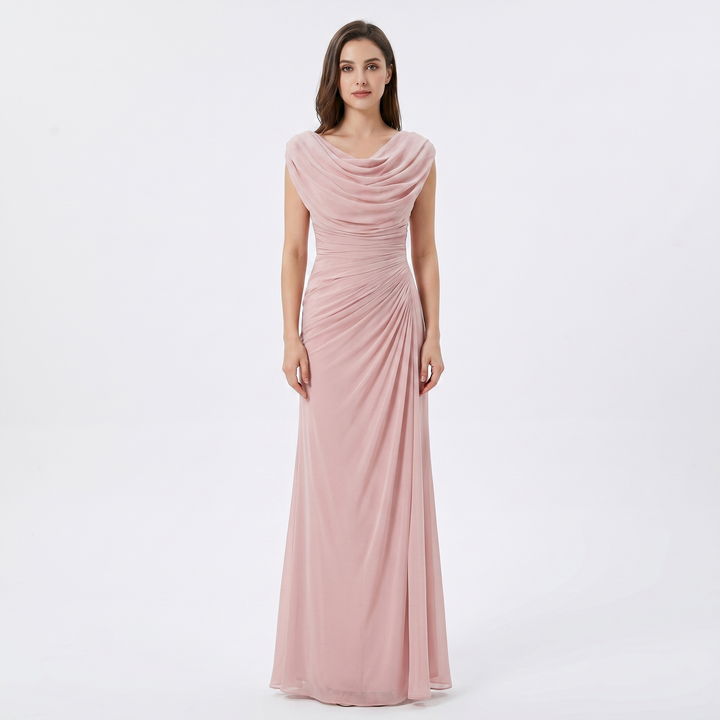 Cowl Neck Maxi Dress - Ruched Cap Sleeve Draped