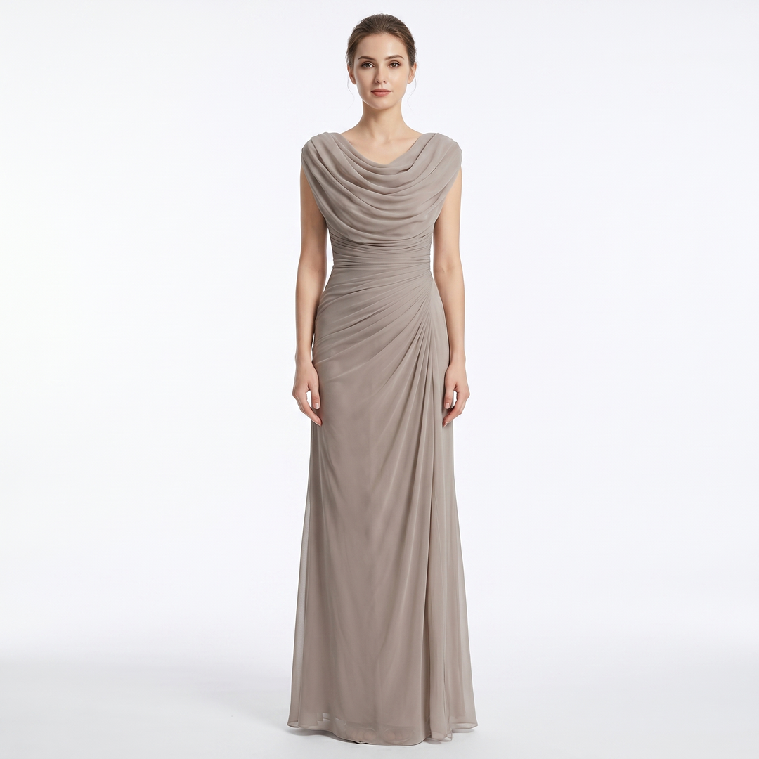 Cowl Neck Maxi Dress - Ruched Cap Sleeve Draped