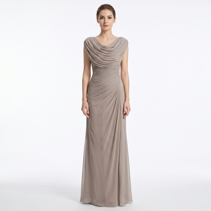 Cowl Neck Maxi Dress - Ruched Cap Sleeve Draped