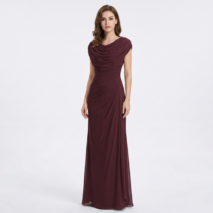 Cowl Neck Maxi Dress - Ruched Cap Sleeve Draped