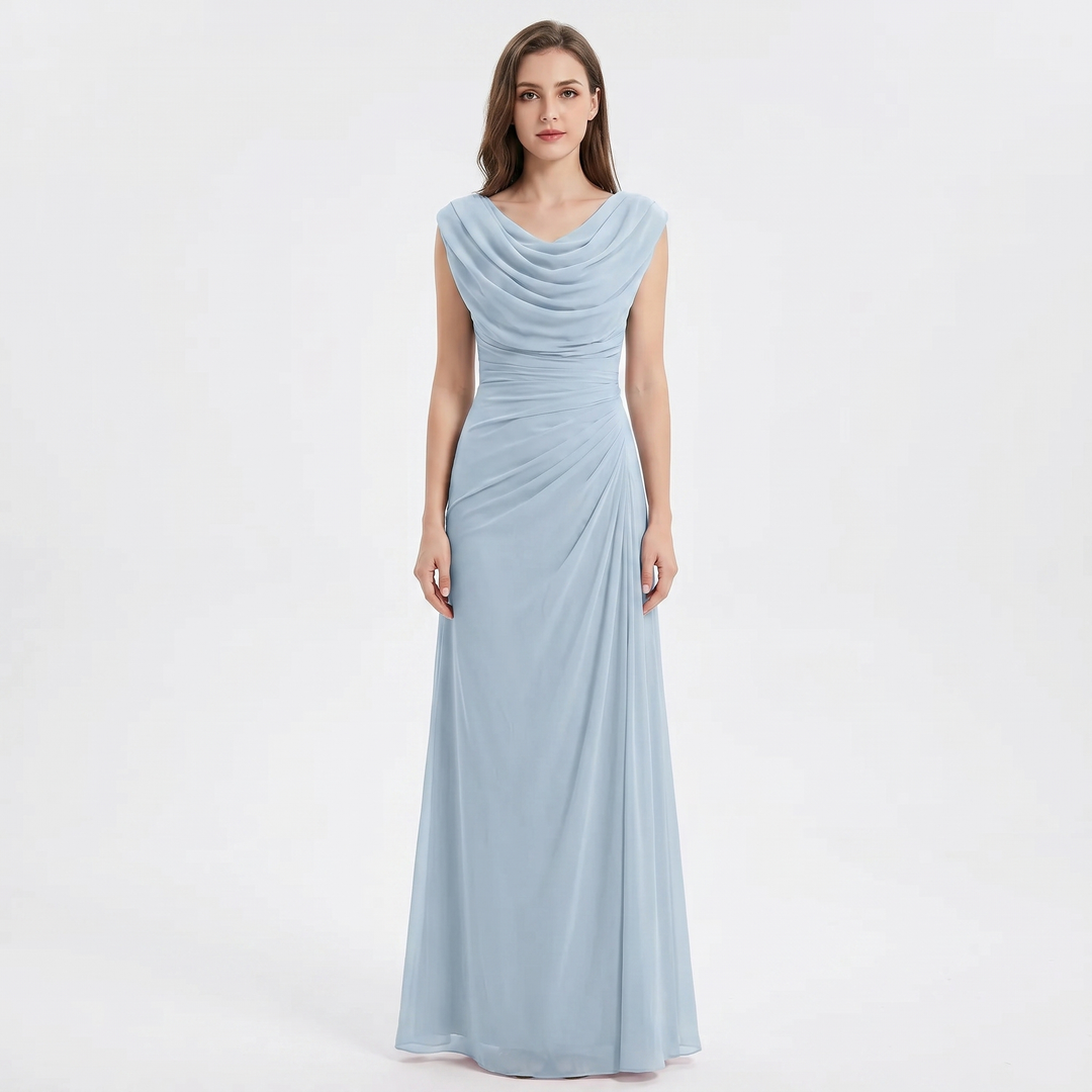 Cowl Neck Maxi Dress - Ruched Cap Sleeve Draped