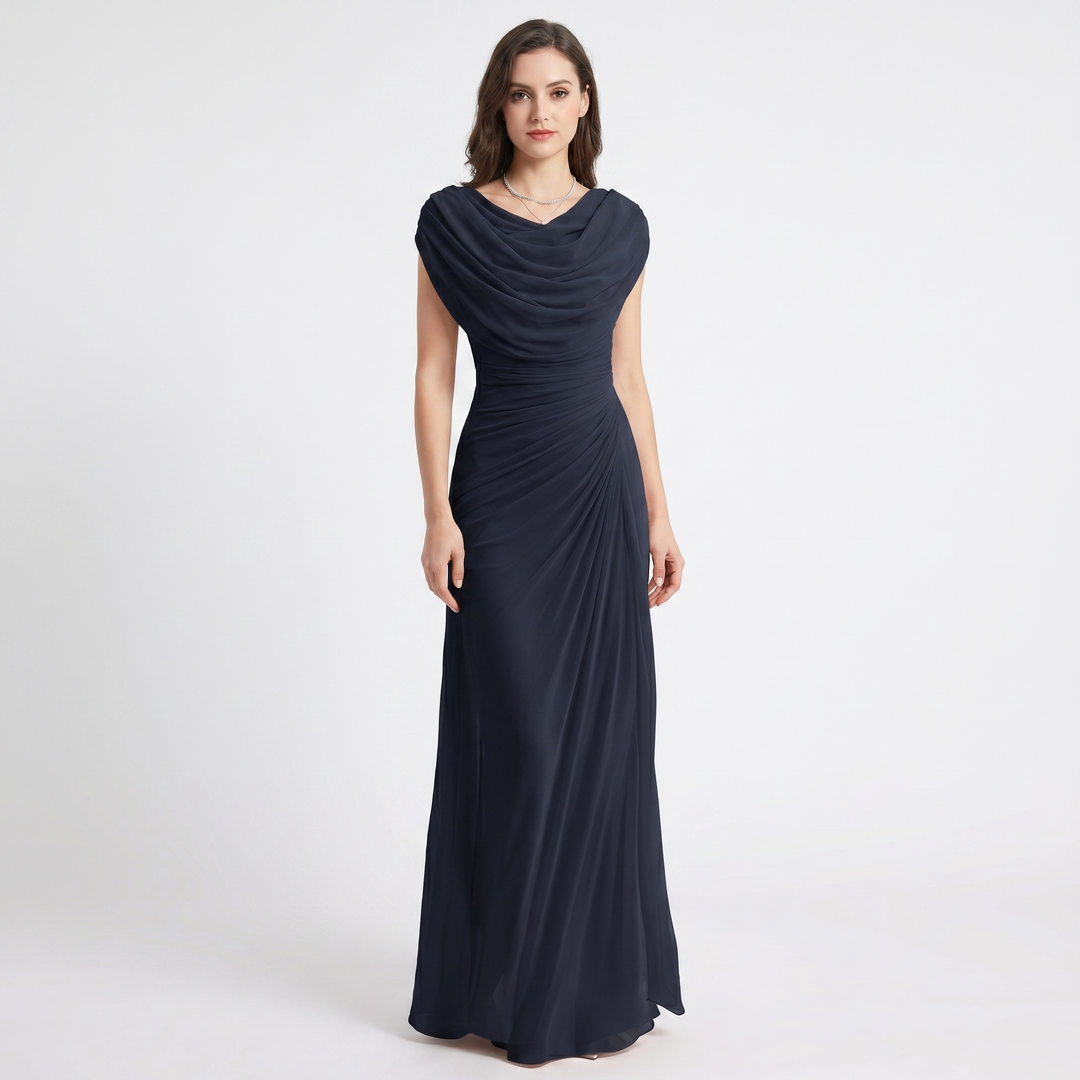Cowl Neck Maxi Dress - Ruched Cap Sleeve Draped