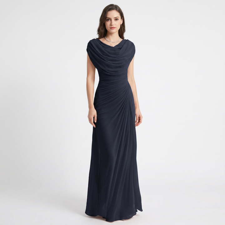 Cowl Neck Maxi Dress - Ruched Cap Sleeve Draped