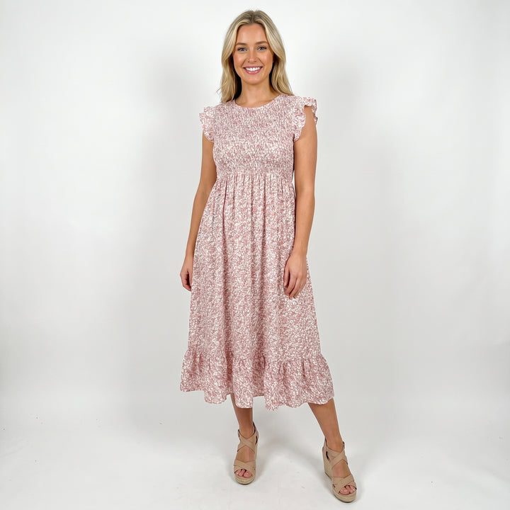 Smocked Midi Dress - Ruffle Sleeve Tiered Round Neck