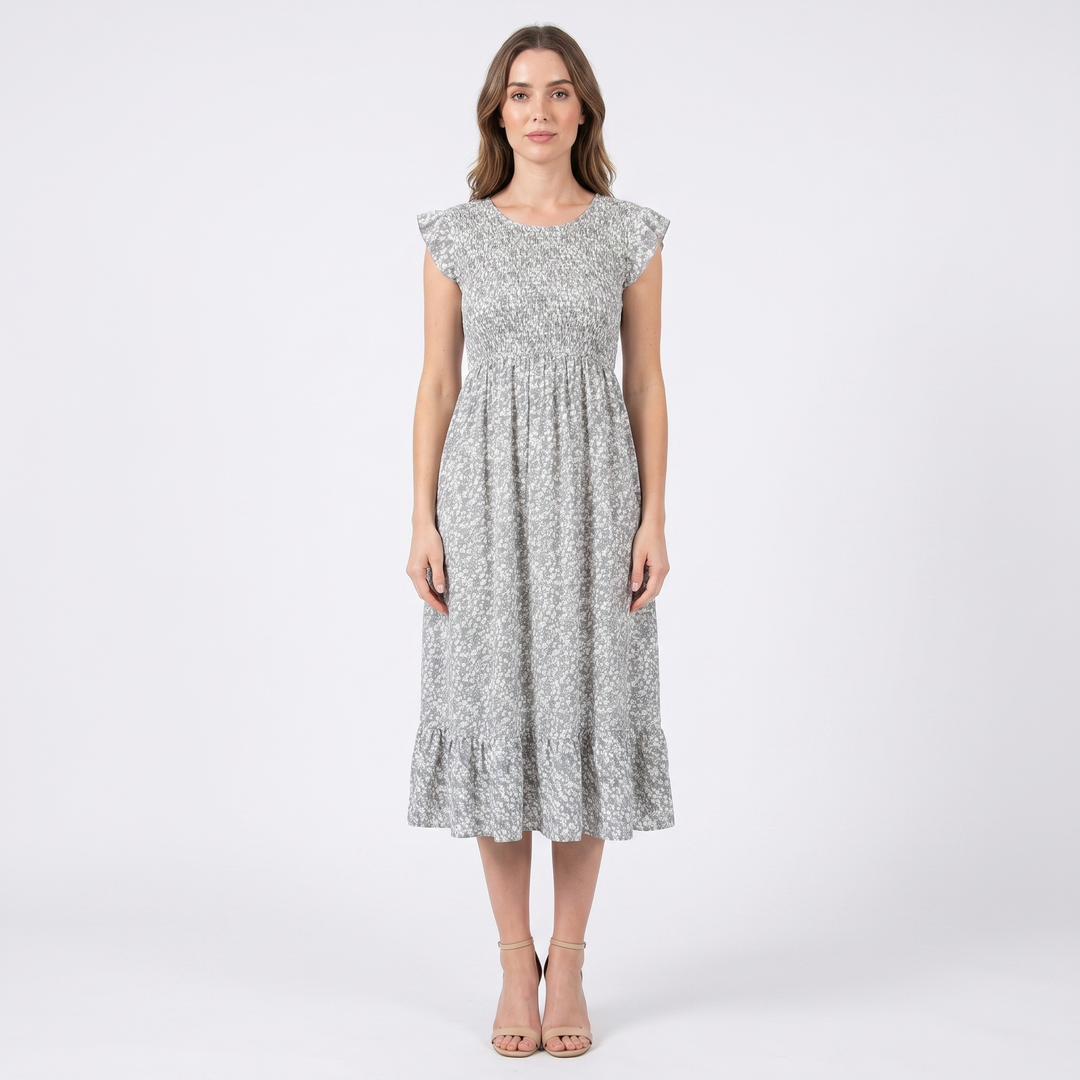 Smocked Midi Dress - Ruffle Sleeve Tiered Round Neck