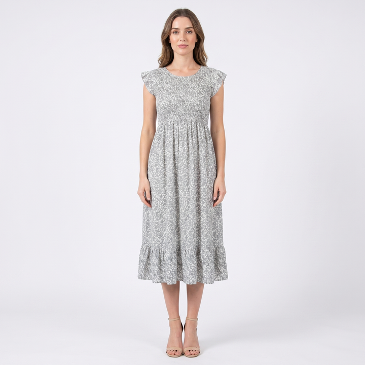 Smocked Midi Dress - Ruffle Sleeve Tiered Round Neck