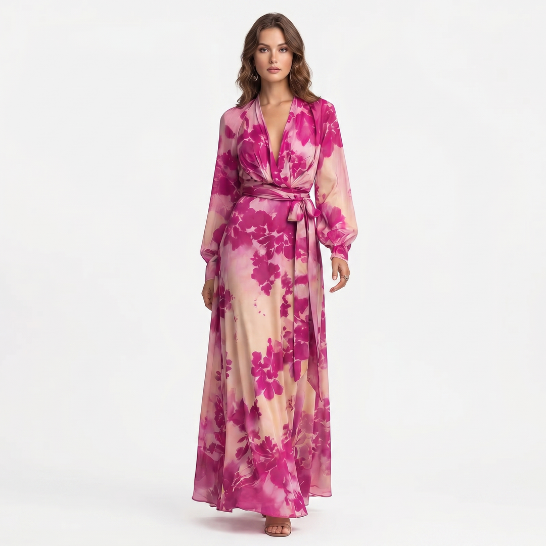 Floral Maxi Dress - Long Sleeve Wrap V Neck Belted