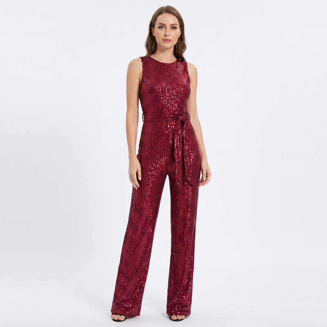 Sequin Jumpsuit - Sleeveless Wide Leg Belted