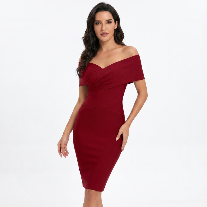 Bodycon Midi Dress - Off Shoulder Ruched V Neck