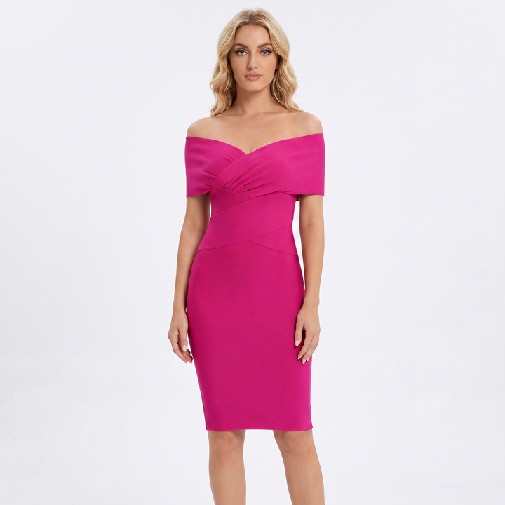 Bodycon Midi Dress - Off Shoulder Ruched V Neck