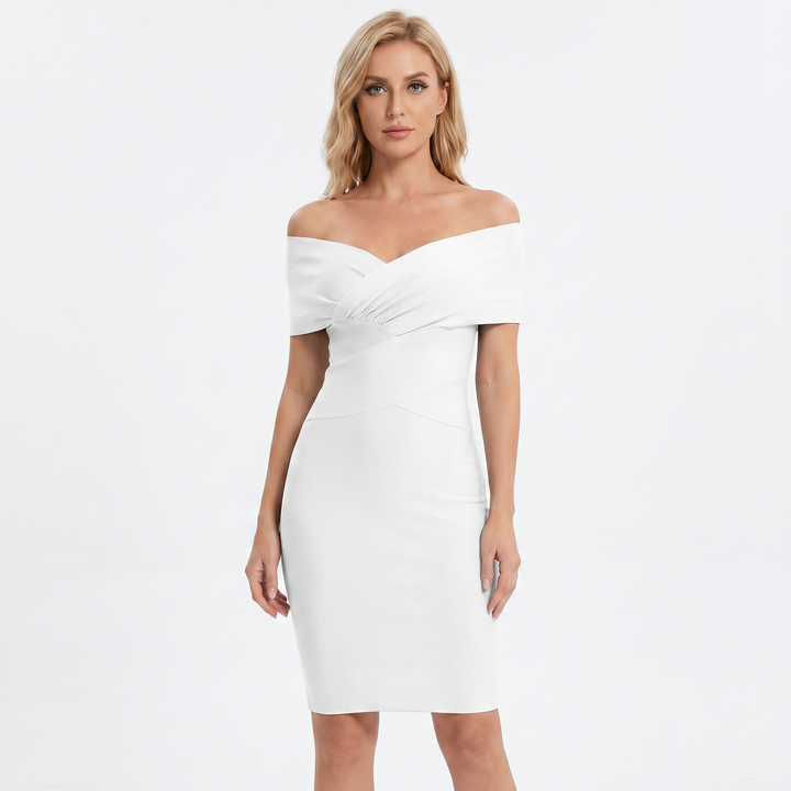 Bodycon Midi Dress - Off Shoulder Ruched V Neck