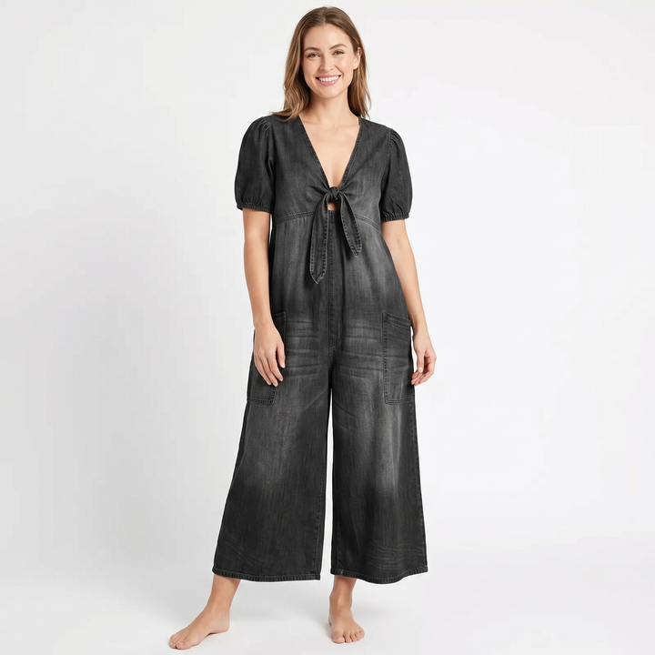 Denim Jumpsuit - Short Sleeve Wide Leg Tie Front