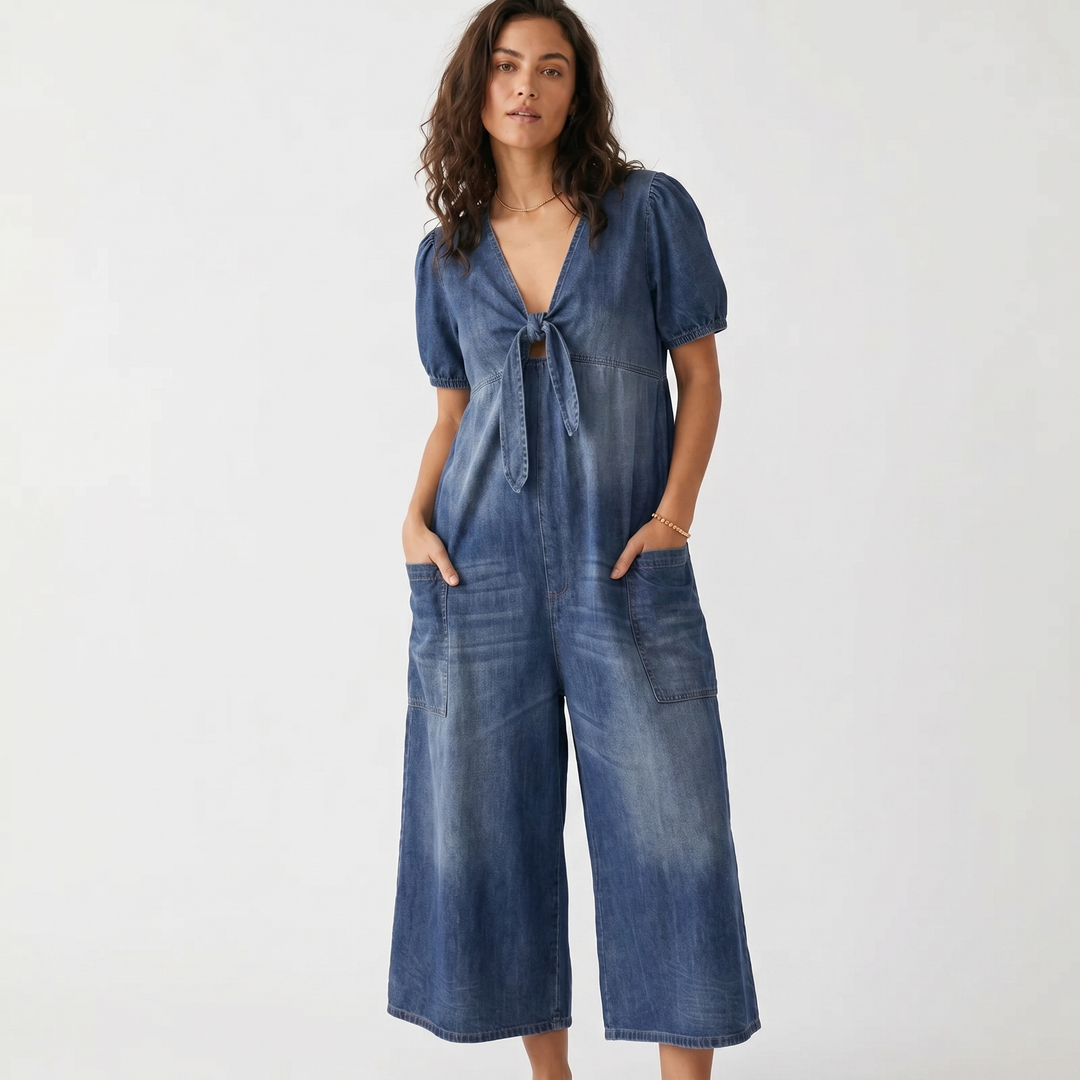 Denim Jumpsuit - Short Sleeve Wide Leg Tie Front