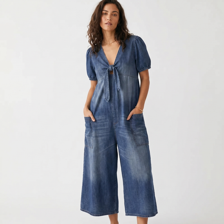 Denim Jumpsuit - Short Sleeve Wide Leg Tie Front