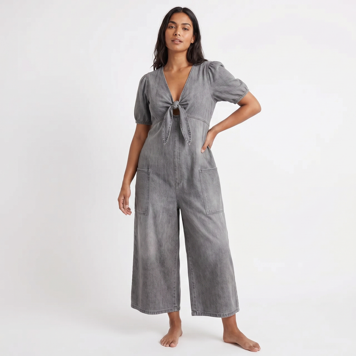 Denim Jumpsuit - Short Sleeve Wide Leg Tie Front