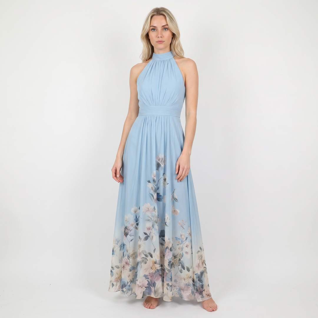 Floral Maxi Dress - Halter Neck Sleeveless Flowy
