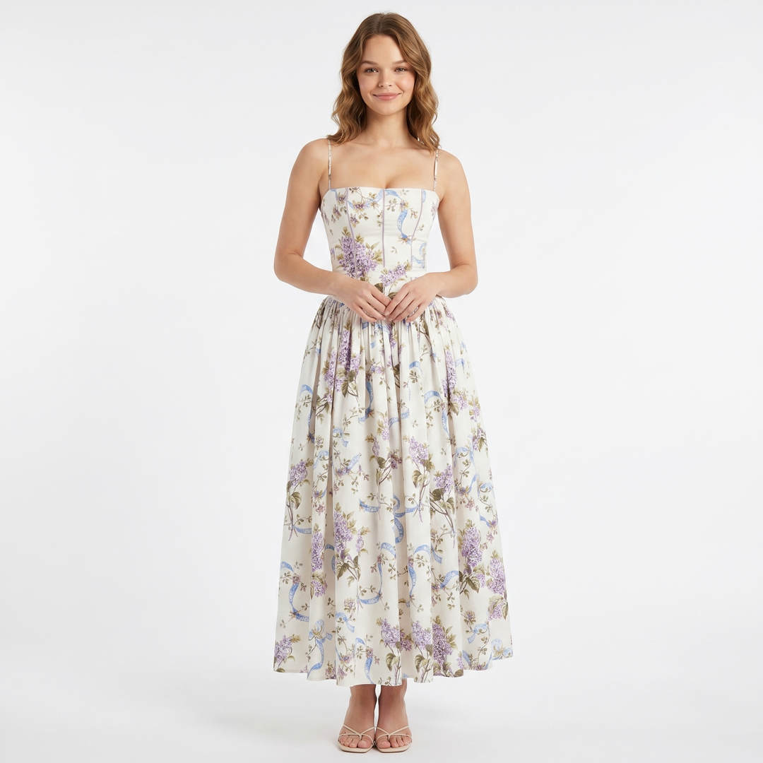 Floral Midi Dress - Strappy Corset Fit and Flare