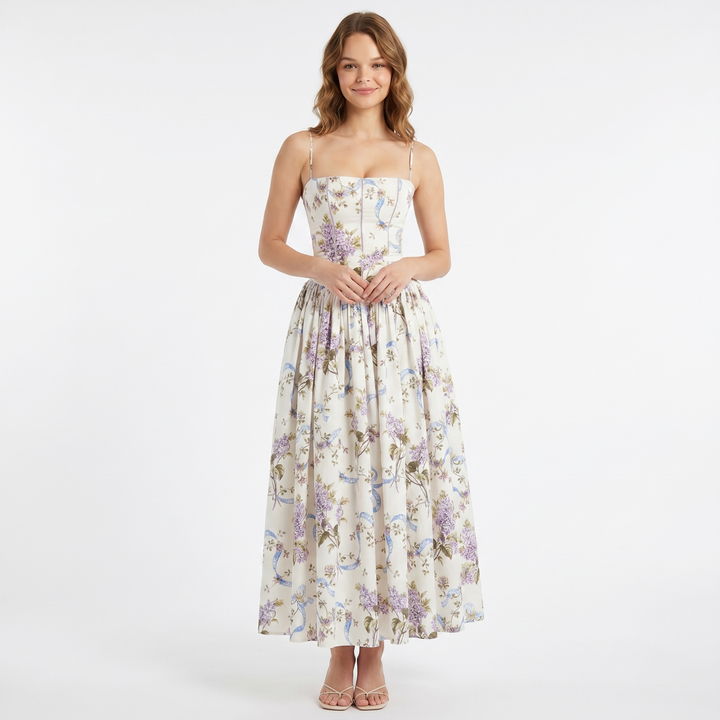 Floral Midi Dress - Strappy Corset Fit and Flare