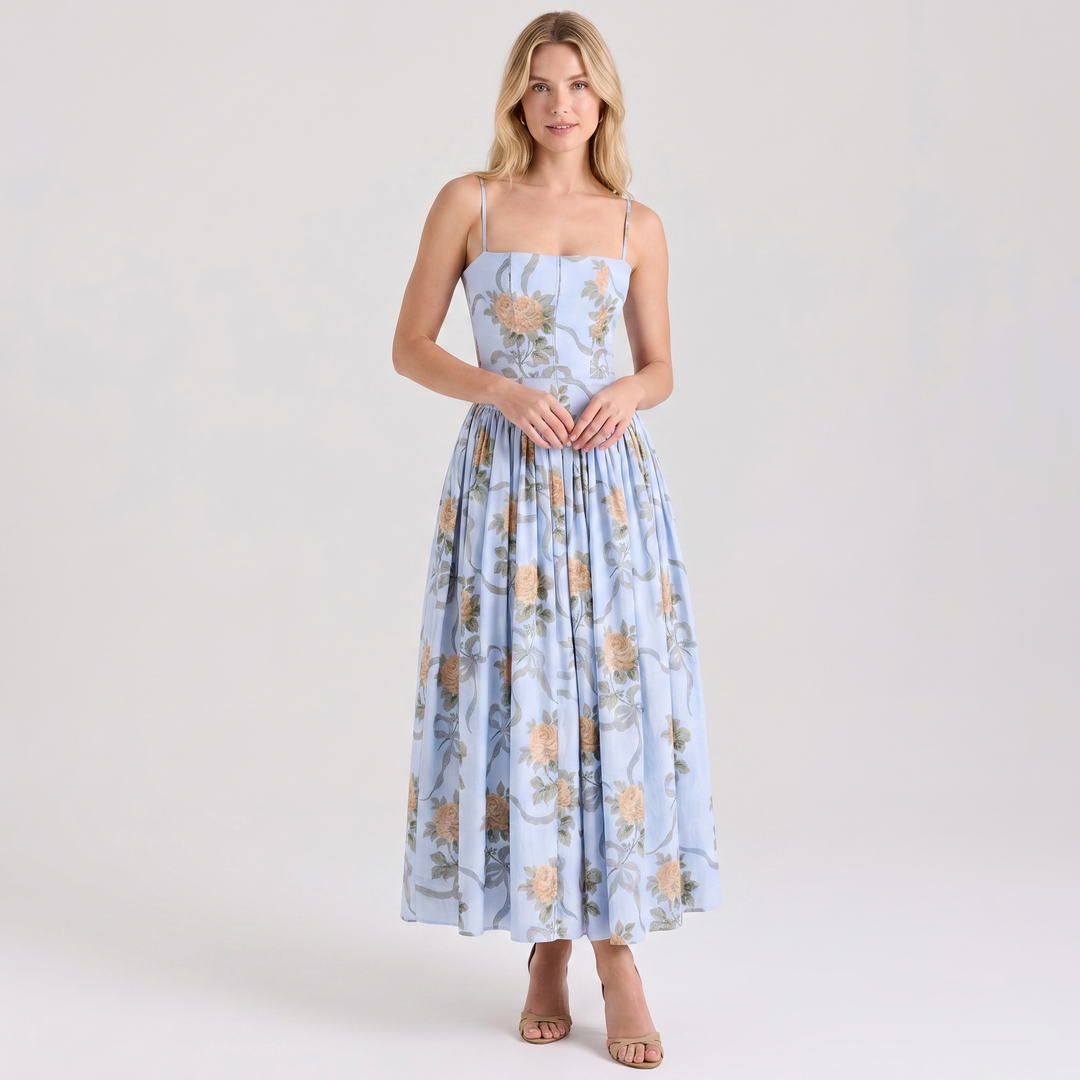 Floral Midi Dress - Strappy Corset Fit and Flare