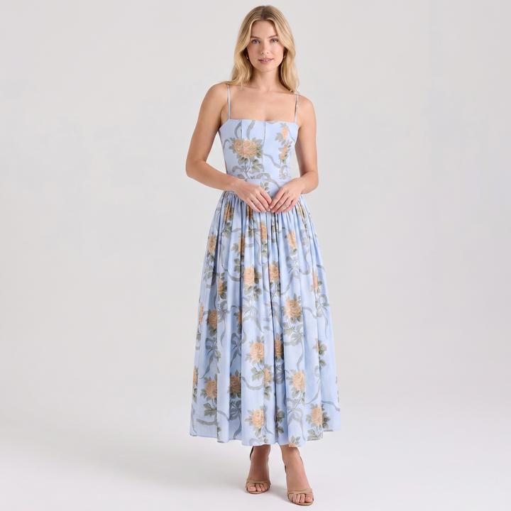 Floral Midi Dress - Strappy Corset Fit and Flare