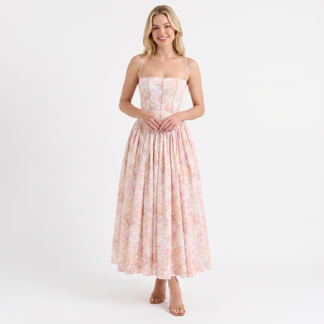 Floral Midi Dress - Strappy Corset Fit and Flare
