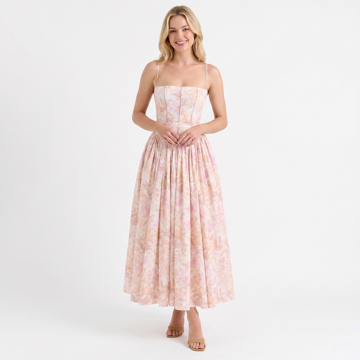 Floral Midi Dress - Strappy Corset Fit and Flare