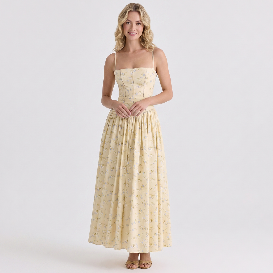 Floral Midi Dress - Strappy Corset Fit and Flare