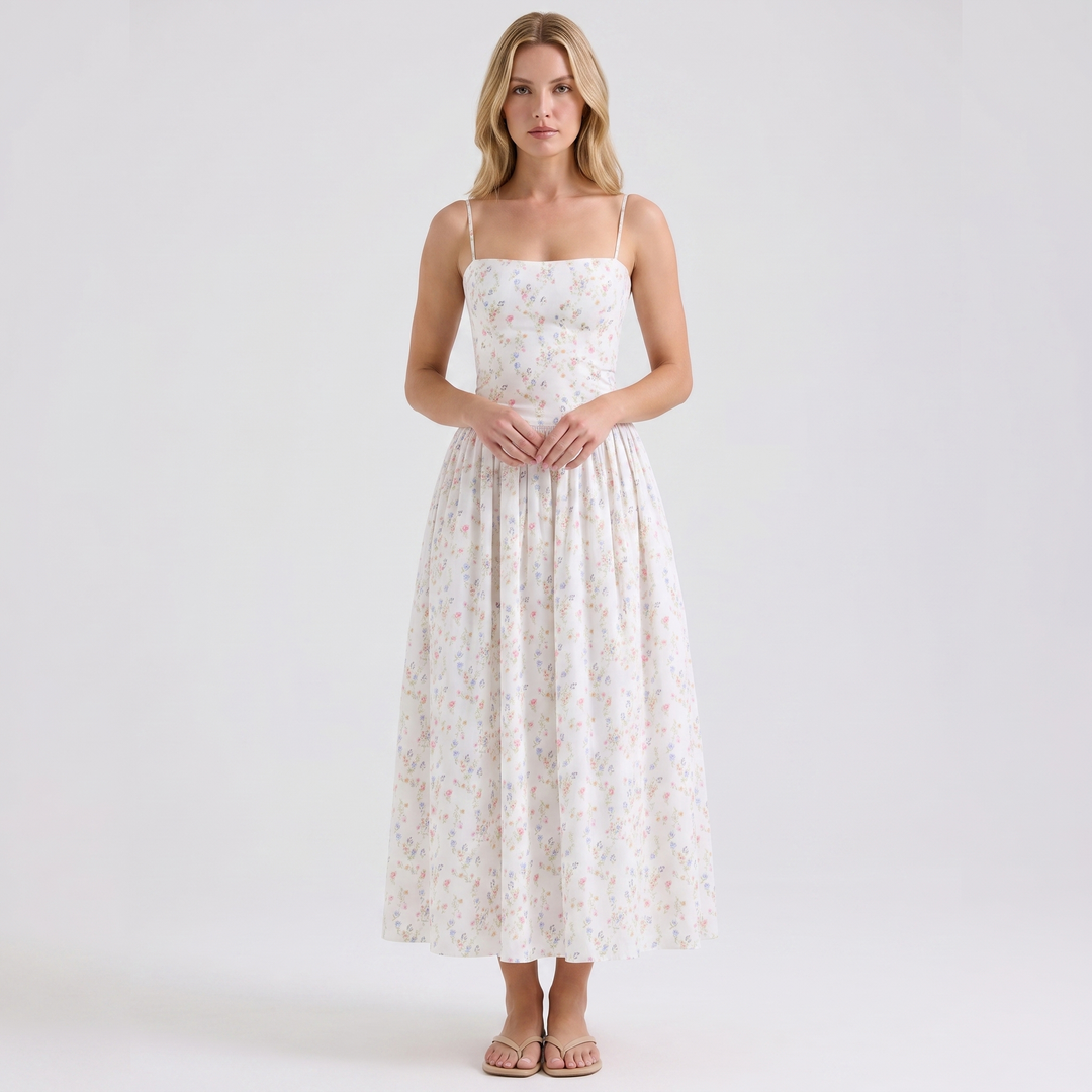 Floral Midi Dress - Strappy Corset Fit and Flare