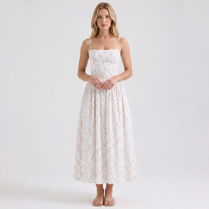 Floral Midi Dress - Strappy Corset Fit and Flare