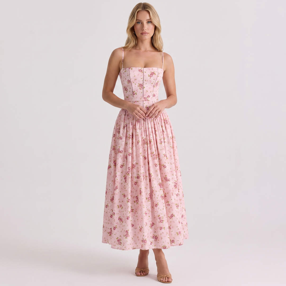 Floral Midi Dress - Strappy Corset Fit and Flare