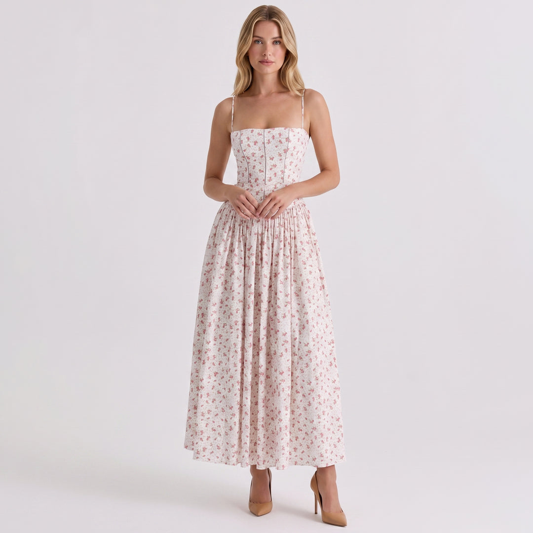 Floral Midi Dress - Strappy Corset Fit and Flare