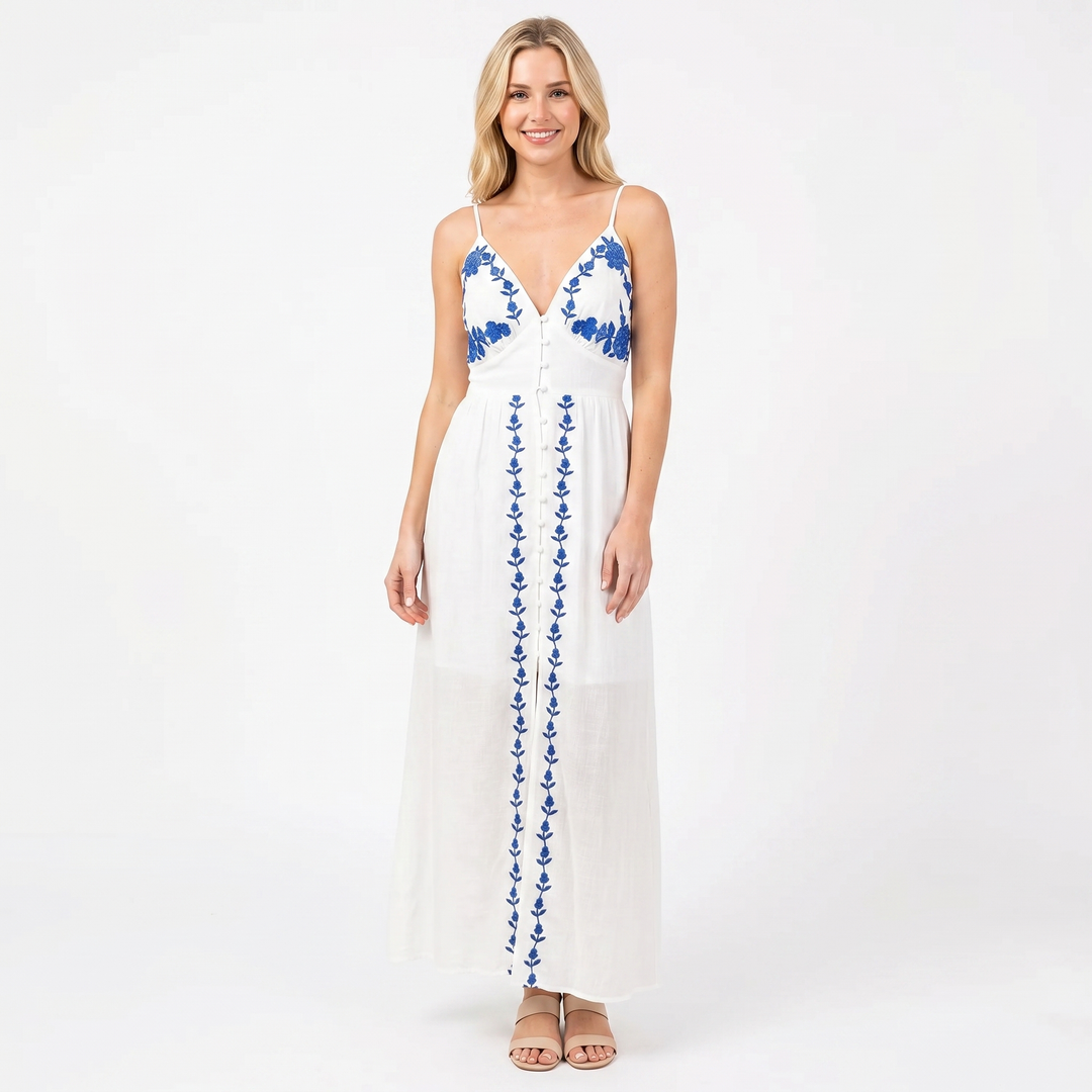 Embroidered Maxi Dress - Strappy V Neck Cut Out