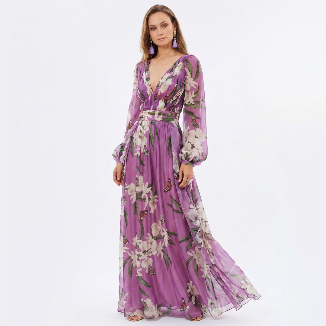 Floral Maxi Dress - Long Sleeve V Neck Boho Flowy